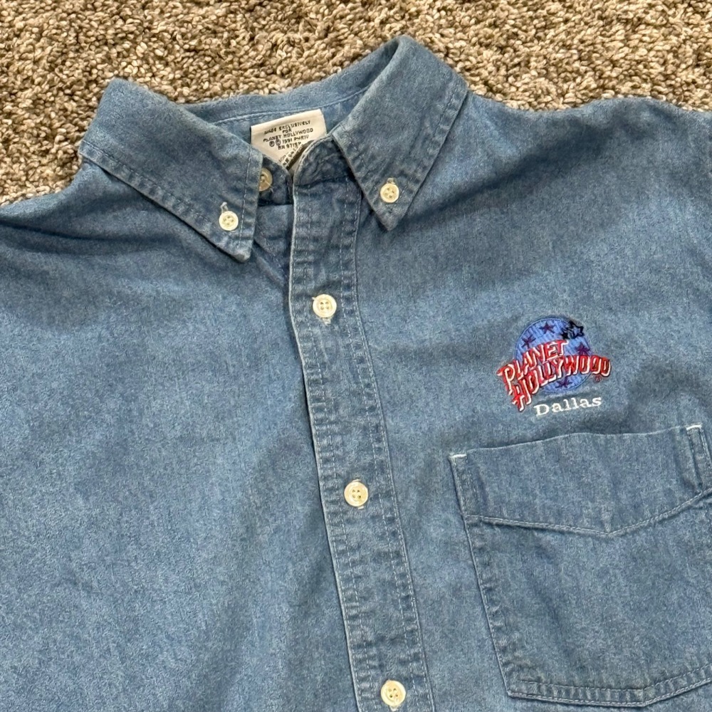 Vintage 90s Planet Hollywood Dallas Denim Shirt‎ Mens M Blue 1991 Button Down